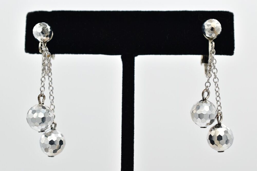 Vintage Crystal Clip On Earrings Silver Chain Disco Ball Chain Drop 1950s A23